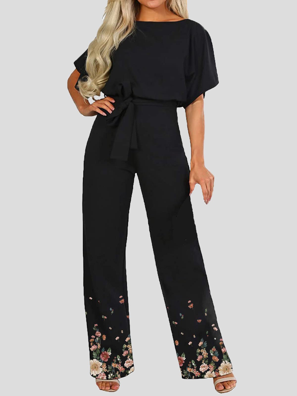 Women's Jumpsuits Floral Print Short Sleeve Lace Up Jumpsuit - LuckyFash™