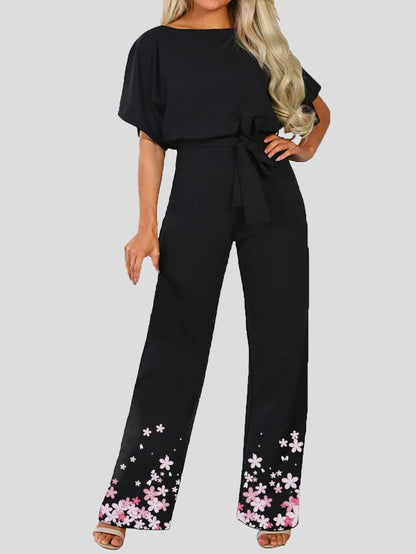 Women's Jumpsuits Floral Print Short Sleeve Lace Up Jumpsuit - LuckyFash™