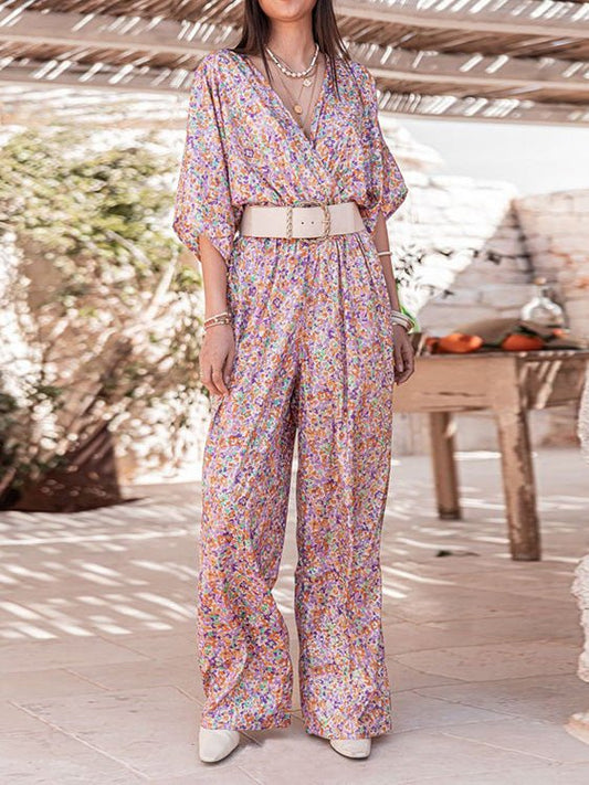 Women's Jumpsuits Floral V-Neck Short Sleeve Straight Jumpsuit - LuckyFash™