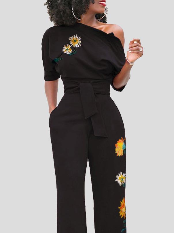Women's Jumpsuits Flower Print One Shoulder Belted Jumpsuit - LuckyFash™
