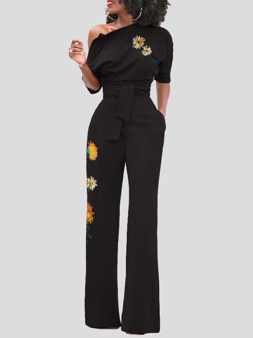 Women's Jumpsuits Flower Print One Shoulder Belted Jumpsuit - LuckyFash™