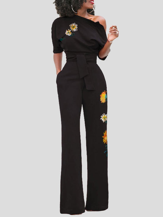 Women's Jumpsuits Flower Print One Shoulder Belted Jumpsuit - LuckyFash™