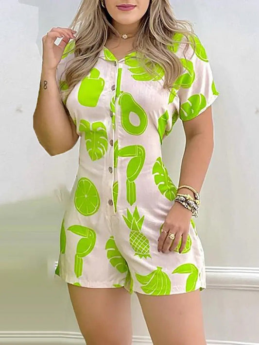 Women's Jumpsuits Fruit Print Button Short Sleeve Jumpsuit - LuckyFash™