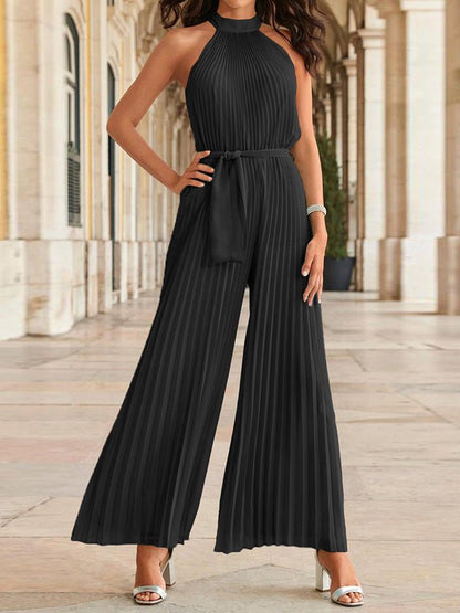 Women's Jumpsuits Halterneck Sleeveless Pleated Wide-Leg Jumpsuit - LuckyFash™