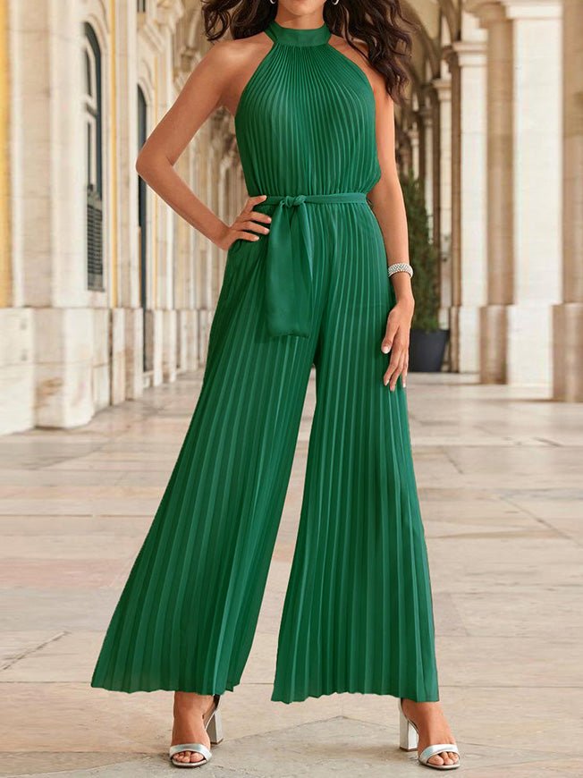 Women's Jumpsuits Halterneck Sleeveless Pleated Wide-Leg Jumpsuit - LuckyFash™