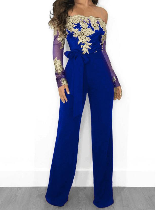 Women's Jumpsuits Lace Boat Neck Long Sleeve Wide Leg Jumpsuit - LuckyFash™