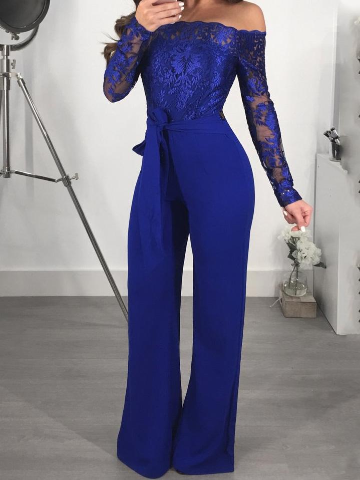 Women's Jumpsuits Lace Boat Neck Long Sleeve Wide Leg Jumpsuit - LuckyFash™