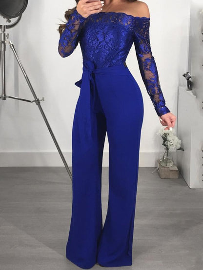Women's Jumpsuits Lace Boat Neck Long Sleeve Wide Leg Jumpsuit - LuckyFash™