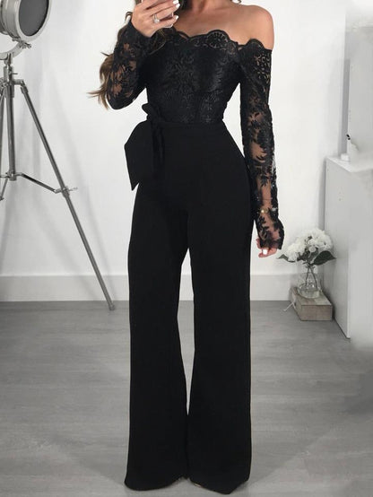 Women's Jumpsuits Lace Boat Neck Long Sleeve Wide Leg Jumpsuit - LuckyFash™