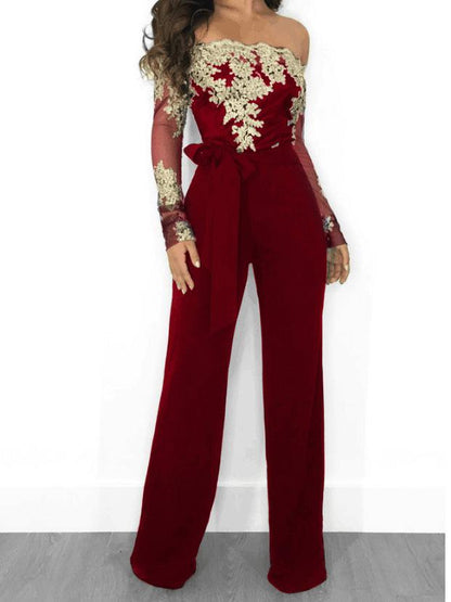 Women's Jumpsuits Lace Boat Neck Long Sleeve Wide Leg Jumpsuit - LuckyFash™
