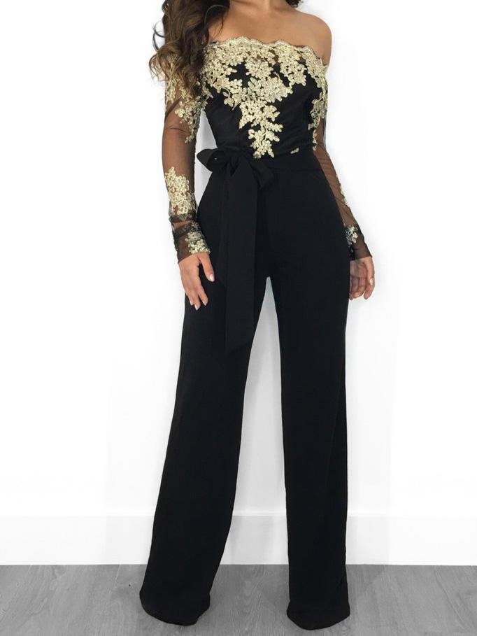 Women's Jumpsuits Lace Boat Neck Long Sleeve Wide Leg Jumpsuit - LuckyFash™