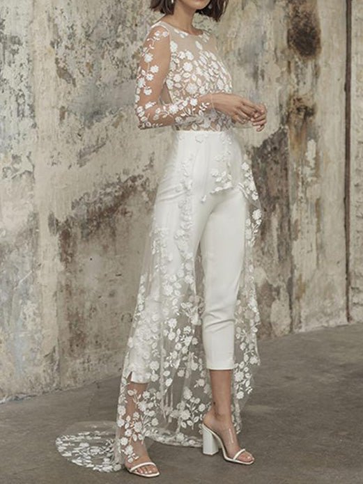 Women's Jumpsuits Lace Panel Long Sleeve Irregular Jumpsuit - LuckyFash™