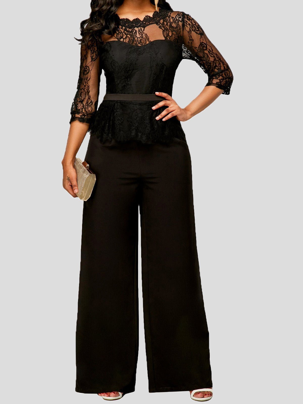 Women's Jumpsuits Lace Paneled Mid Sleeves Wide Leg Jumpsuit - LuckyFash™