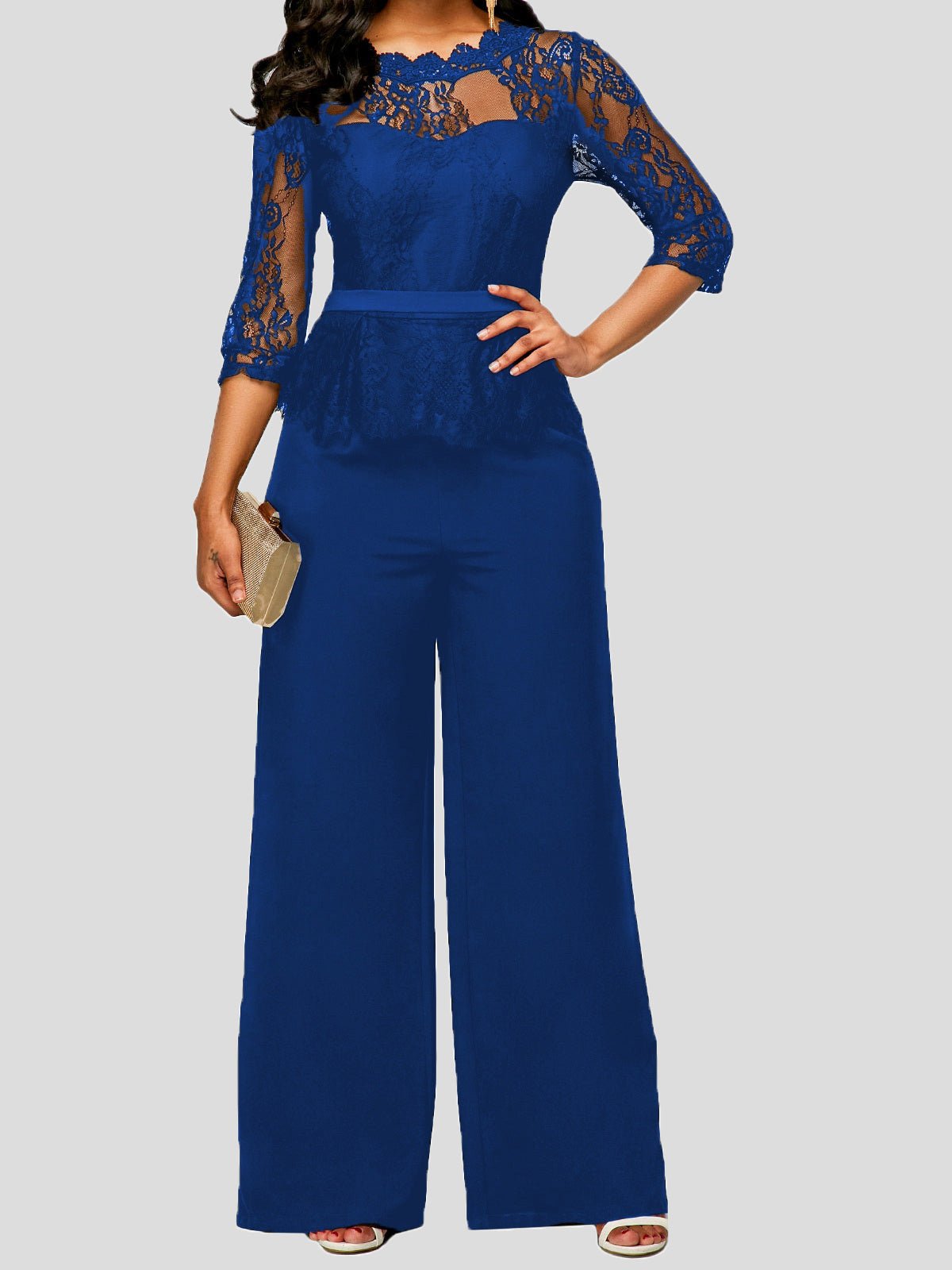 Women's Jumpsuits Lace Paneled Mid Sleeves Wide Leg Jumpsuit - LuckyFash™
