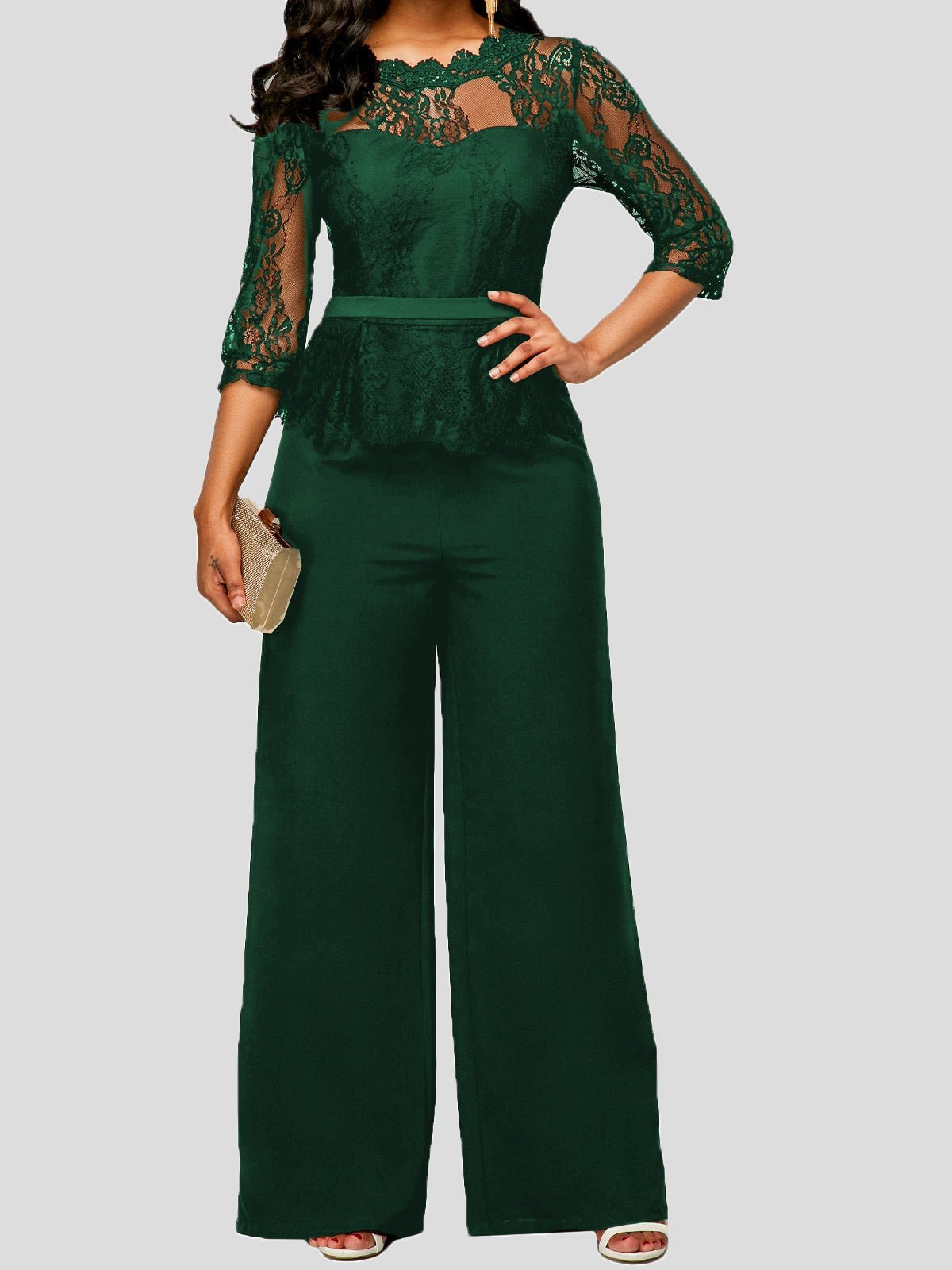 Women's Jumpsuits Lace Paneled Mid Sleeves Wide Leg Jumpsuit - LuckyFash™