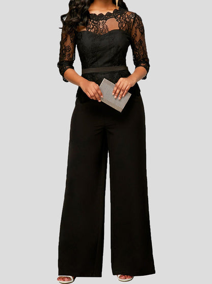 Women's Jumpsuits Lace Paneled Mid Sleeves Wide Leg Jumpsuit - LuckyFash™