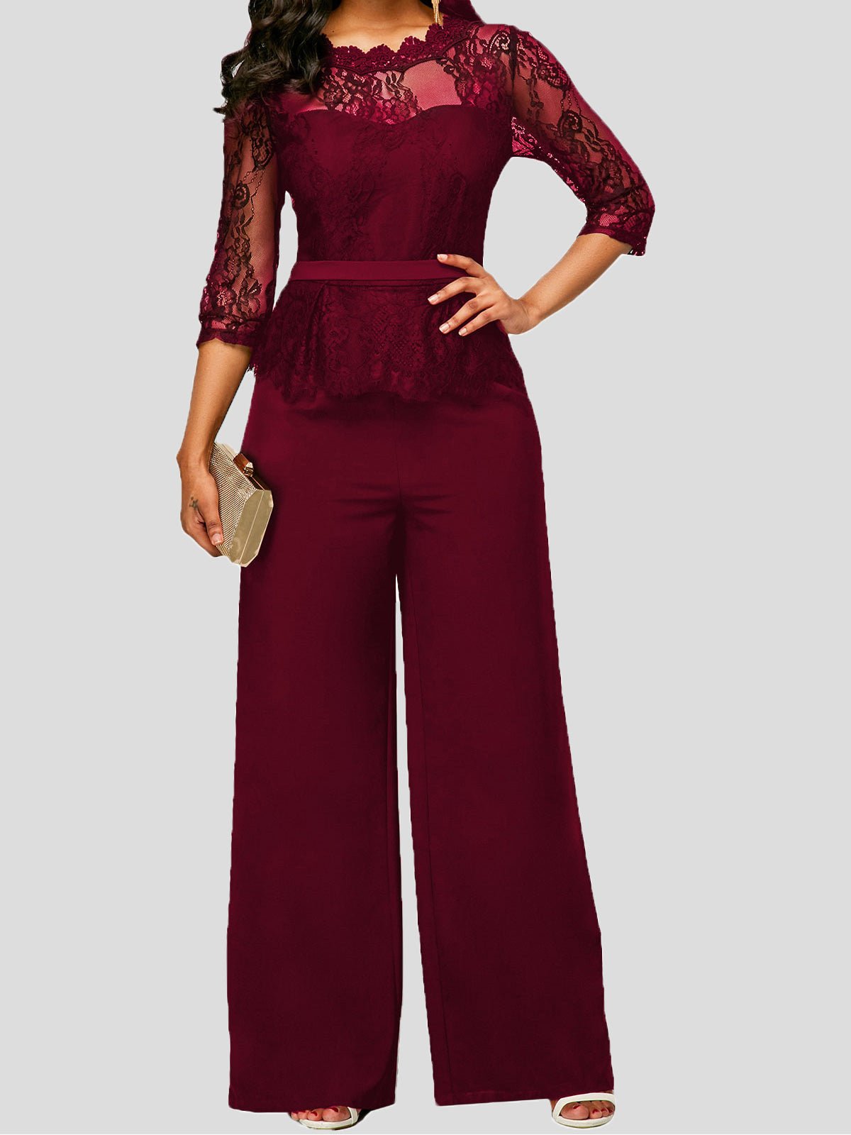 Women's Jumpsuits Lace Paneled Mid Sleeves Wide Leg Jumpsuit - LuckyFash™