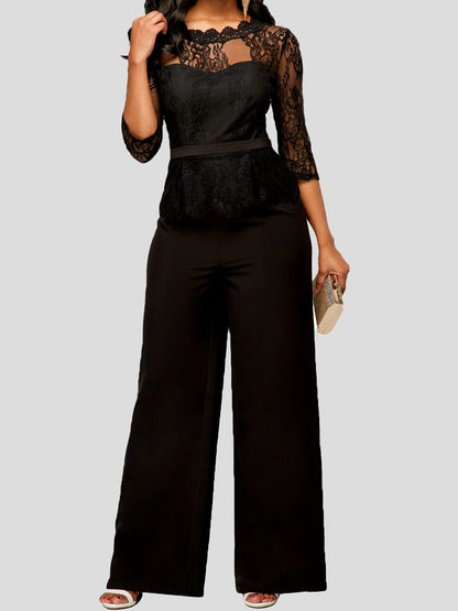 Women's Jumpsuits Lace Paneled Mid Sleeves Wide Leg Jumpsuit - LuckyFash™