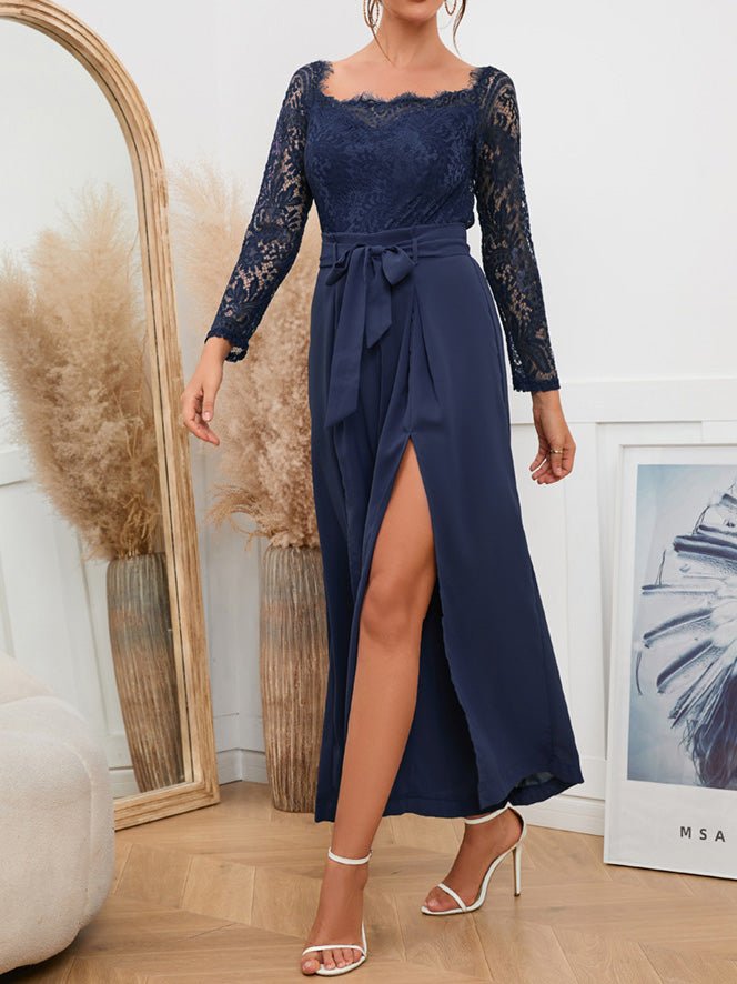 Women's Jumpsuits Lace Square Neck Tie Double Slit Jumpsuit - LuckyFash™