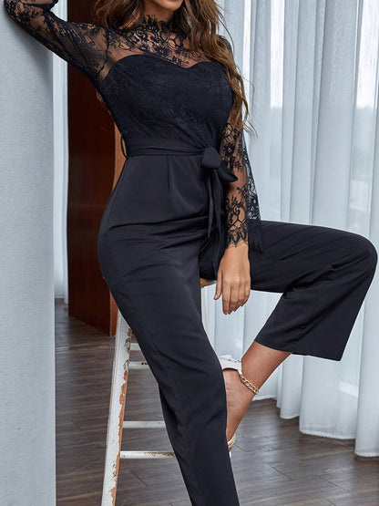 Women's Jumpsuits Lace Stitching Belted Hollow Long Sleeve Jumpsuit - LuckyFash™