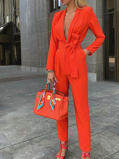 Women's Jumpsuits Lace-Up Deep V-Neck Long Sleeve Casual Jumpsuit - LuckyFash™