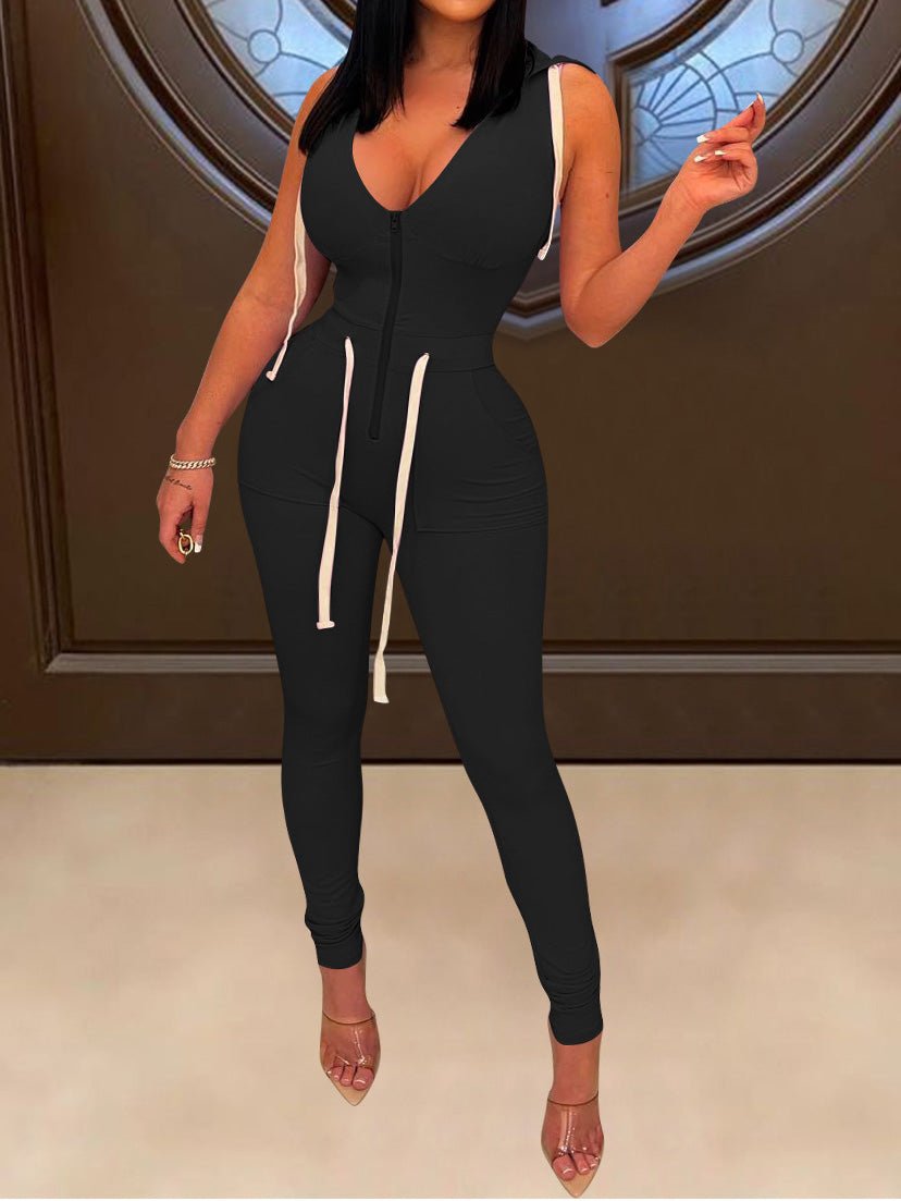 Women's Jumpsuits Lace-Up Zip Slim Fit Hooded Jumpsuit - LuckyFash™
