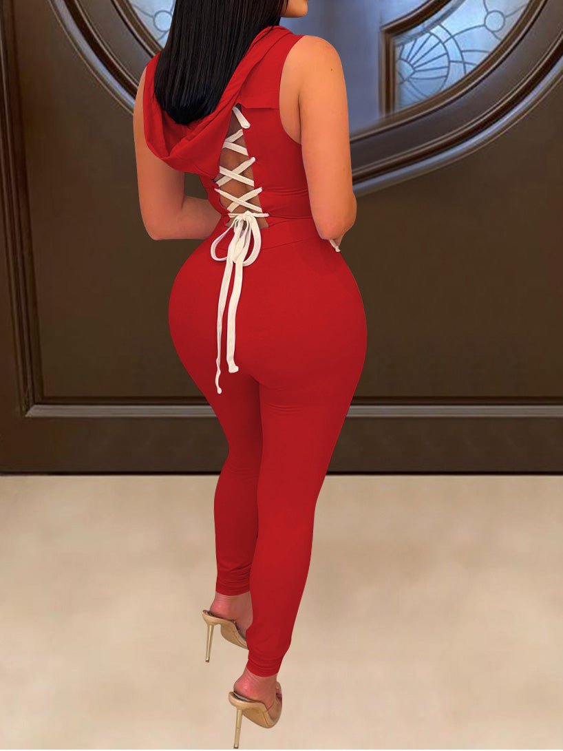 Women's Jumpsuits Lace-Up Zip Slim Fit Hooded Jumpsuit - LuckyFash™