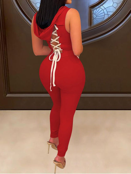 Women's Jumpsuits Lace-Up Zip Slim Fit Hooded Jumpsuit - LuckyFash™