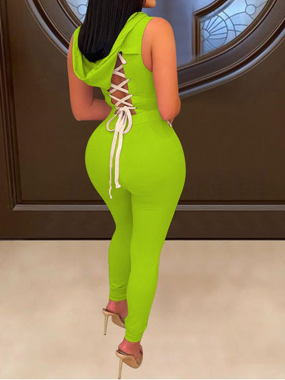 Women's Jumpsuits Lace-Up Zip Slim Fit Hooded Jumpsuit - LuckyFash™