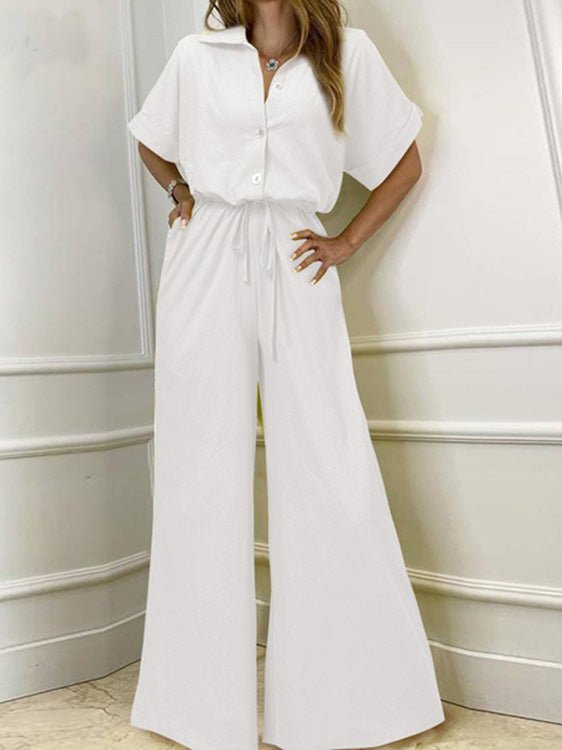 Women's Jumpsuits Lapel Button Short Sleeve Belted Wide Leg Jumpsuit - LuckyFash™