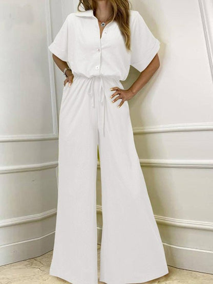 Women's Jumpsuits Lapel Button Short Sleeve Belted Wide Leg Jumpsuit - LuckyFash™