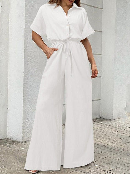 Women's Jumpsuits Lapel Button Short Sleeve Belted Wide Leg Jumpsuit - LuckyFash™