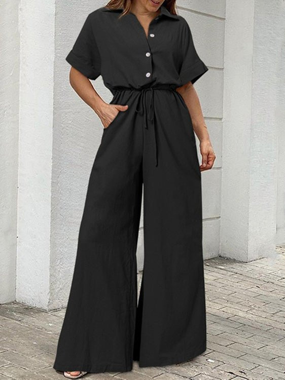 Women's Jumpsuits Lapel Button Short Sleeve Belted Wide Leg Jumpsuit - LuckyFash™