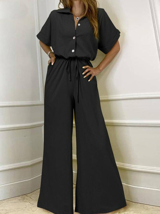 Women's Jumpsuits Lapel Button Short Sleeve Belted Wide Leg Jumpsuit - LuckyFash™