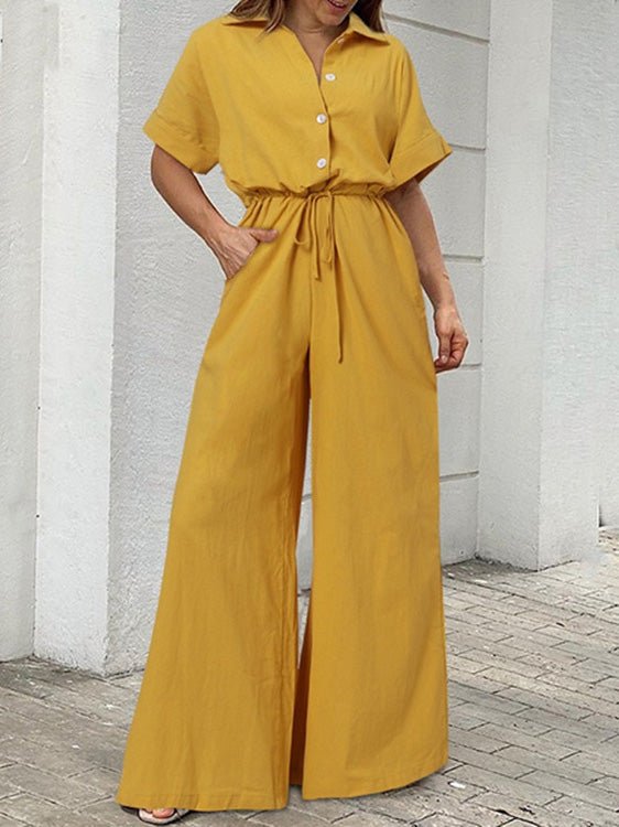 Women's Jumpsuits Lapel Button Short Sleeve Belted Wide Leg Jumpsuit - LuckyFash™