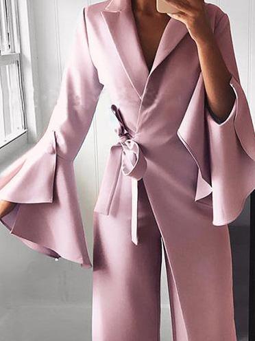 Women's Jumpsuits Lapel Flare Long Sleeve Belted Jumpsuit - LuckyFash™