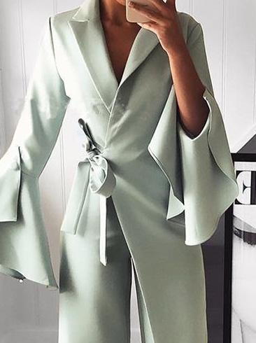 Women's Jumpsuits Lapel Flare Long Sleeve Belted Jumpsuit - LuckyFash™