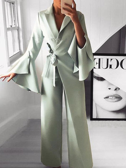 Women's Jumpsuits Lapel Flare Long Sleeve Belted Jumpsuit - LuckyFash™