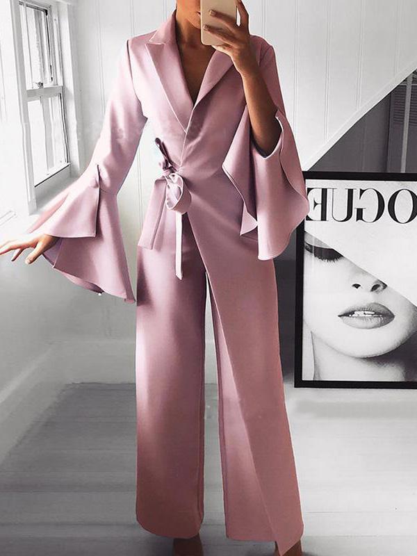 Women's Jumpsuits Lapel Flare Long Sleeve Belted Jumpsuit - LuckyFash™