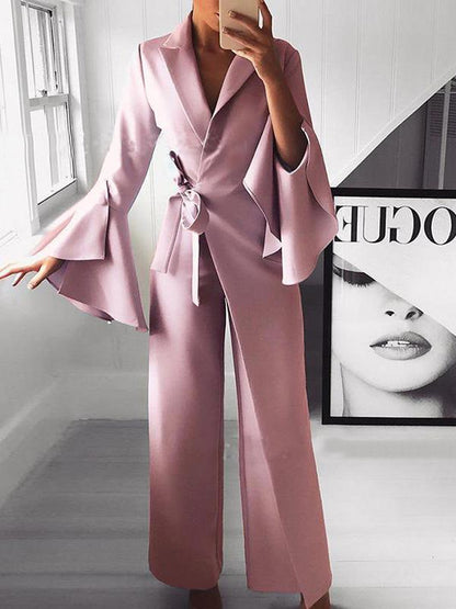 Women's Jumpsuits Lapel Flare Long Sleeve Belted Jumpsuit - LuckyFash™