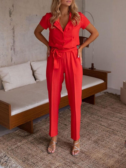 Women's Jumpsuits Lapel Lace-Up Pocket Casual Jumpsuit - LuckyFash™