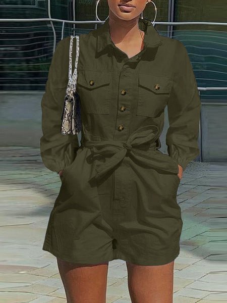 Women's Jumpsuits Lapel Long Sleeve Pocket Shorts Casual Jumpsuit - LuckyFash™