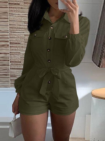 Women's Jumpsuits Lapel Long Sleeve Pocket Shorts Casual Jumpsuit - LuckyFash™