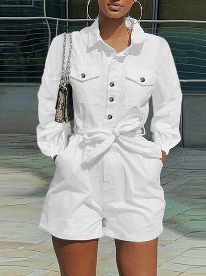 Women's Jumpsuits Lapel Long Sleeve Pocket Shorts Casual Jumpsuit - LuckyFash™
