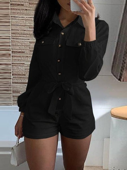 Women's Jumpsuits Lapel Long Sleeve Pocket Shorts Casual Jumpsuit - LuckyFash™