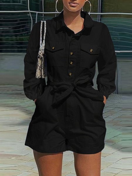 Women's Jumpsuits Lapel Long Sleeve Pocket Shorts Casual Jumpsuit - LuckyFash™