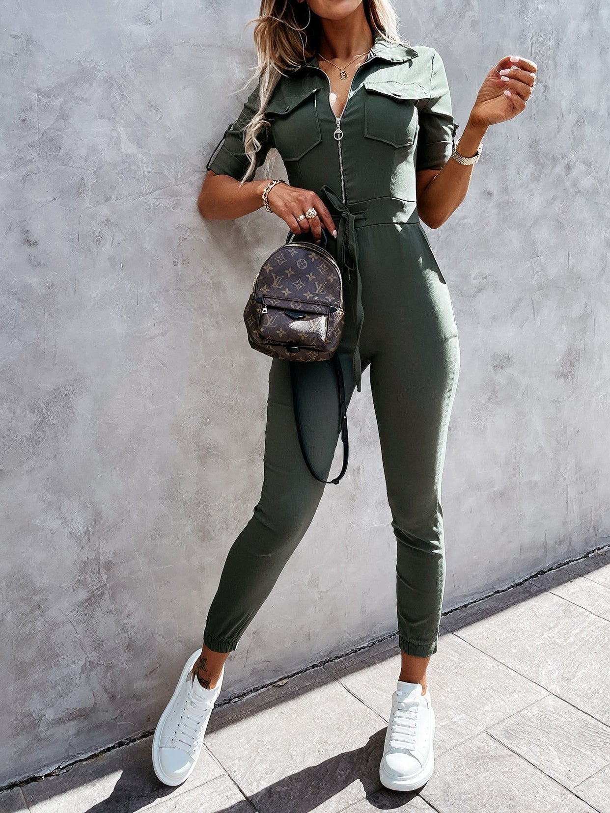 Women's Jumpsuits Lapel Zip Cargo Short Sleeve Jumpsuit - LuckyFash™