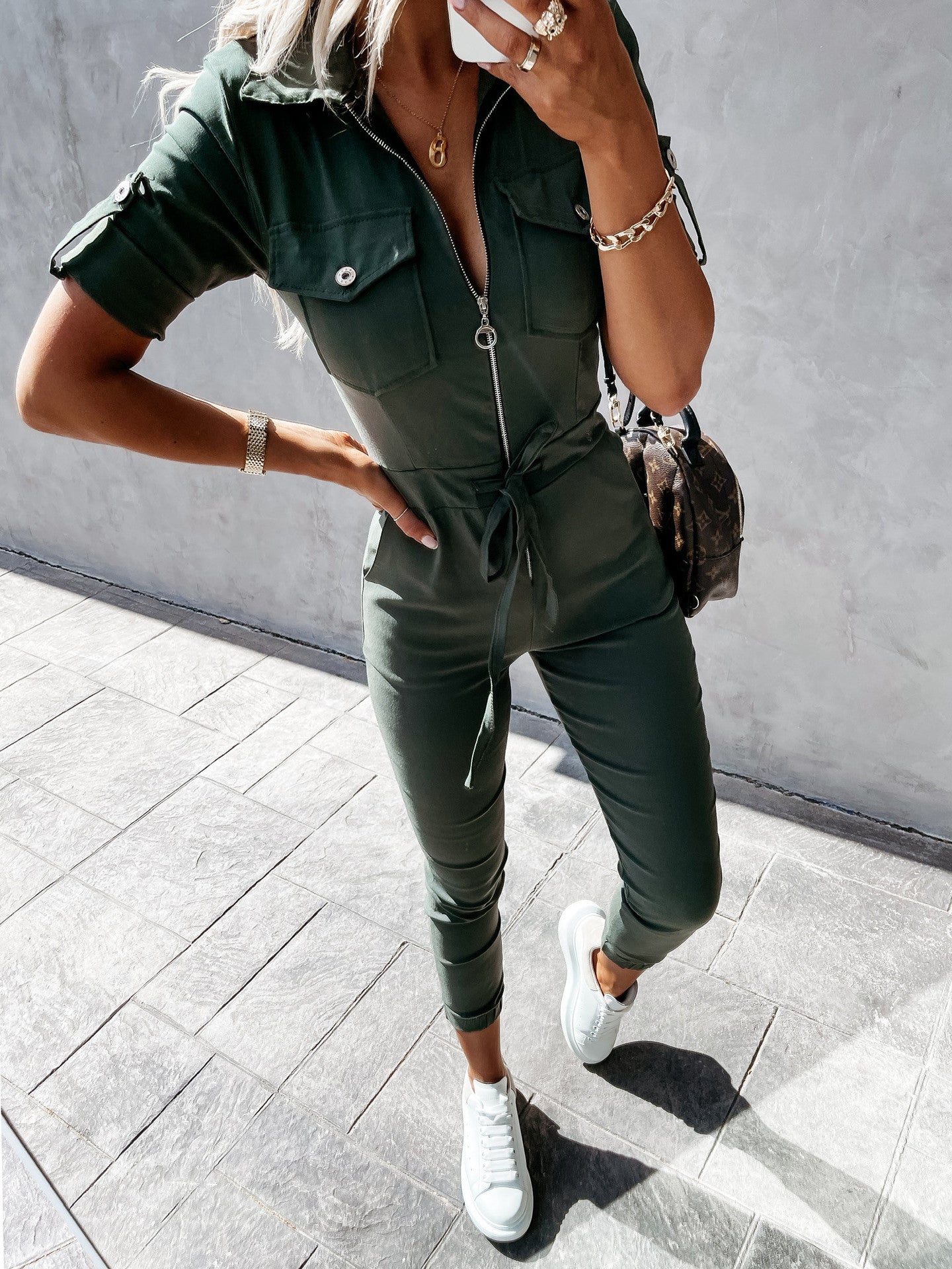 Women's Jumpsuits Lapel Zip Cargo Short Sleeve Jumpsuit - LuckyFash™
