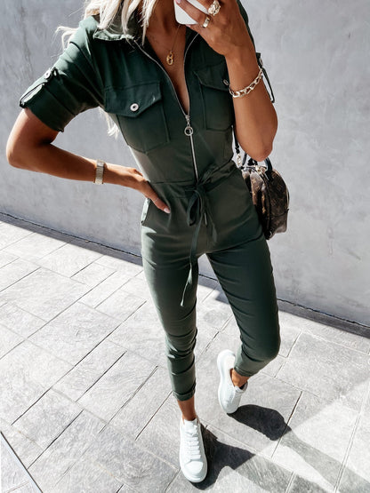 Women's Jumpsuits Lapel Zip Cargo Short Sleeve Jumpsuit - LuckyFash™