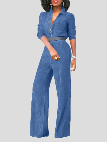Women's Jumpsuits Lapel Zip Long Sleeve Denim Jumpsuit - LuckyFash™